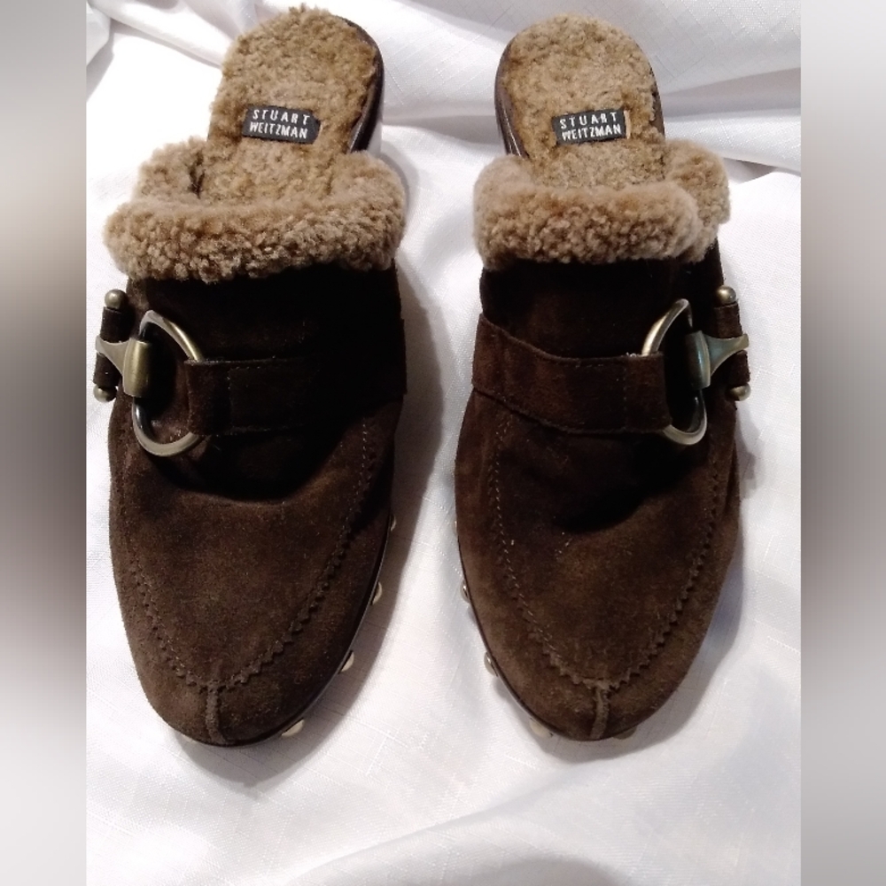 Stuart Weitzman Suede Leather Fleece Mules Clogs